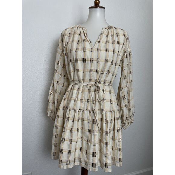 Lou & Grey Mini Dress Belted Plaid Multicolor Metallic FLAW - Picture 1 of 13